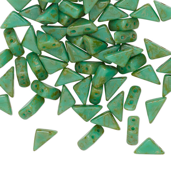Bead, Tango™, Czech pressed glass, opaque Picasso green turquoise, 8x6x6mm triangle with (2) 0.7-0.8mm holes. Sold per 10-gram pkg, approximately 65 beads. image number 0
