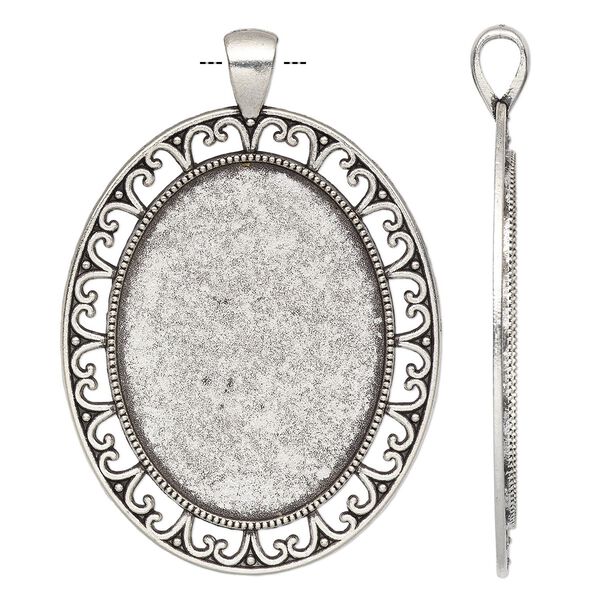 Pendant, antique silver-finished "pewter" (zinc-based alloy), 61x42mm single-sided oval with cutout "V" design and 40x30mm non-calibrated oval setting. Sold individually. image number 0