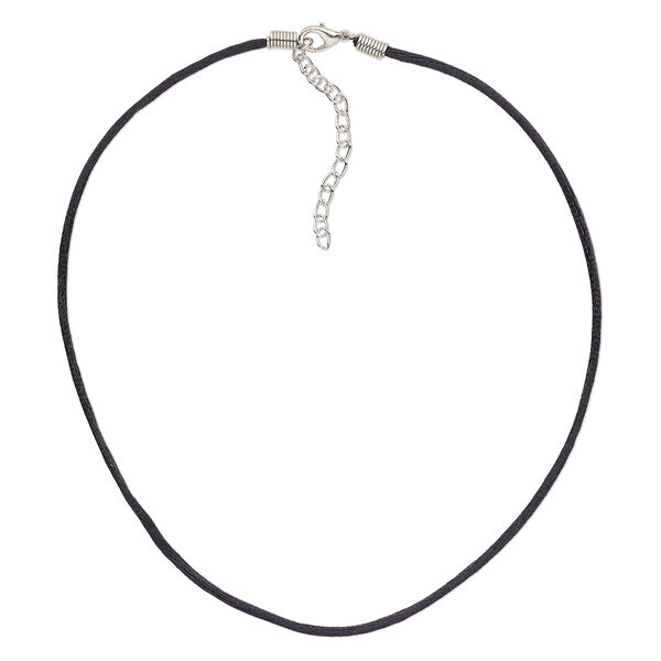 Necklace cord, nylon with silver-plated steel and "pewter" (zinc-based alloy), black, 2mm round, 16 inches with 3-inch extender chain and lobster claw clasp. Sold per pkg of 10. image number 0