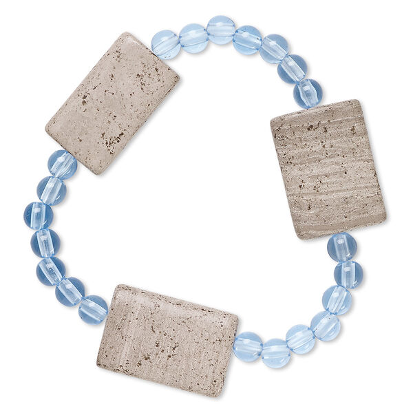 Bracelet, stretch, grey and cream marble (natural) and acrylic, blue, 5mm round and 25x18mm-26x18mm flat rectangle, 6-1/2 inches. Sold individually. image number 0