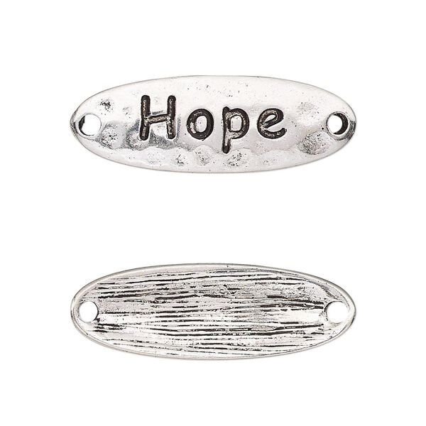 Link, antique silver-finished "pewter" (zinc-based alloy), 29.5x10mm single-sided curved hammered flat oval with "Hope." Sold per pkg of 2. image number 0
