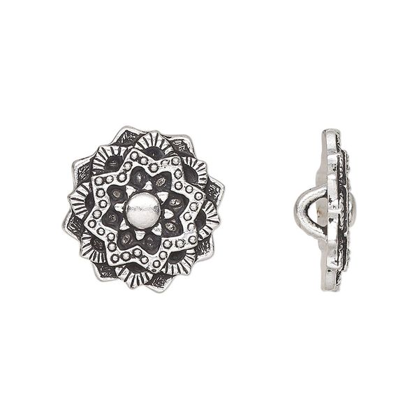 Button, TierraCast®, antique silver-plated pewter (tin-based alloy), 17.5mm mandala with hidden closed loop. Sold per pkg of 2. image number 0