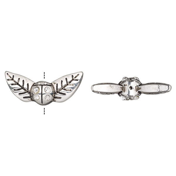 Bead, glass rhinestone and antique silver-finished "pewter" (zinc-based alloy), clear, 23x10mm leaves with ladybug. Sold per pkg of 4. image number 0