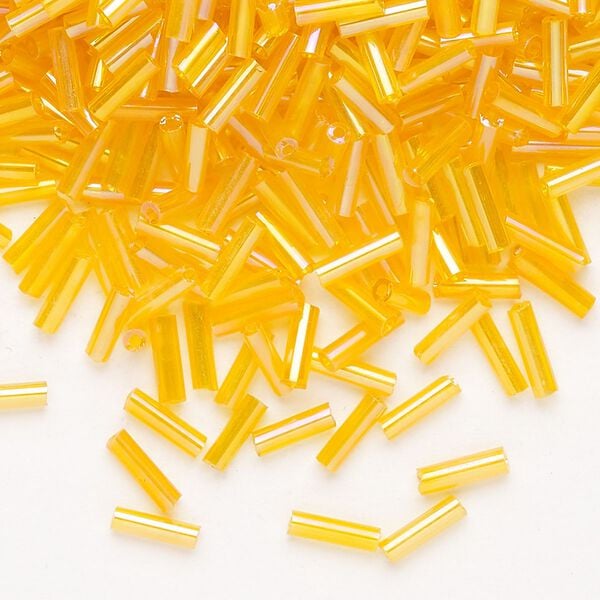 Bead, Ming Tree™, bugle bead, glass, pkg/1/4 pound, 1/4 inch, rainbow translucent orange. image number 0