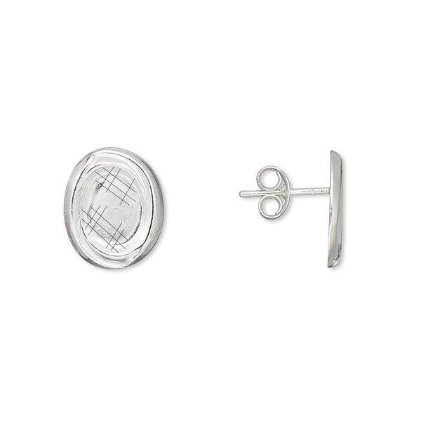 Earstud 1pkg2 sterling silver, 12x10mm oval / 8x6mm oval glue-in cab setting / earnuts, 1 pair image number 0