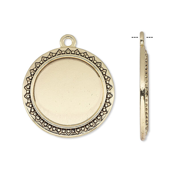 Drop, antique gold-finished "pewter" (zinc-based alloy), 24mm round with beaded and triangle edge with 18mm round setting. Sold per pkg of 6. image number 0