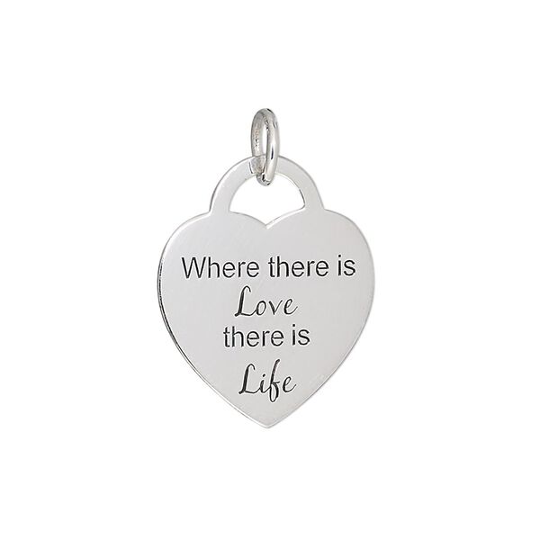 Drop, sterling silver and enamel, 19x18mm heart with "Where there is Love there is Life." Sold individually. image number 0