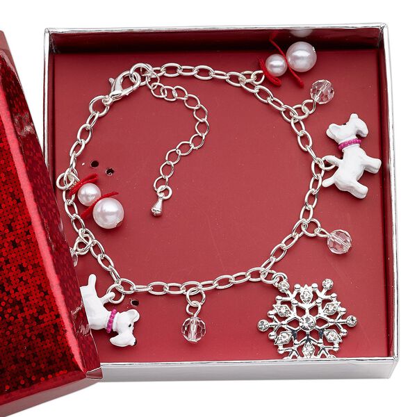 Bracelet, acrylic pearl / glass rhinestone / glass / ribbon / silver-finished brass / steel / "pewter" (zinc-based alloy), multicolored, dog / snowflake / snowman, 7 inches with 2-1/4 inch extender chain and lobster claw clasp. Sold individually. image number 0