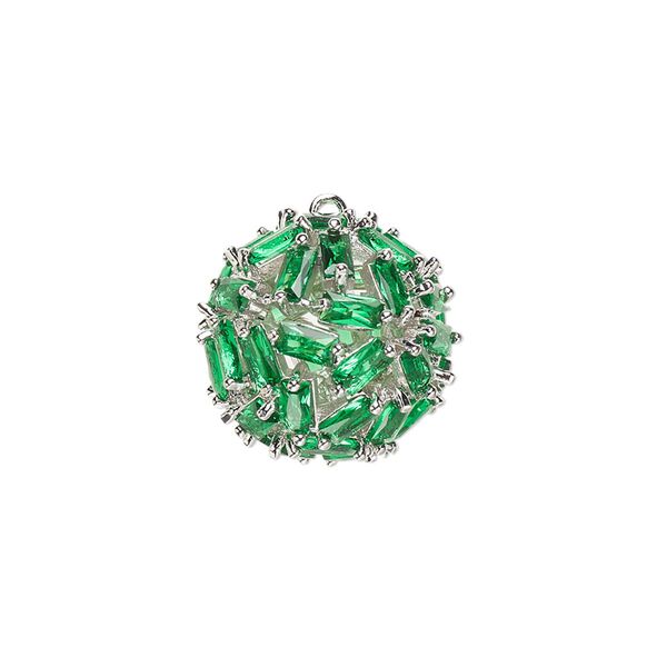 Drop, cubic zirconia and silver-plated brass, emerald green, 17.5mm hollow ball. Sold individually. image number 0