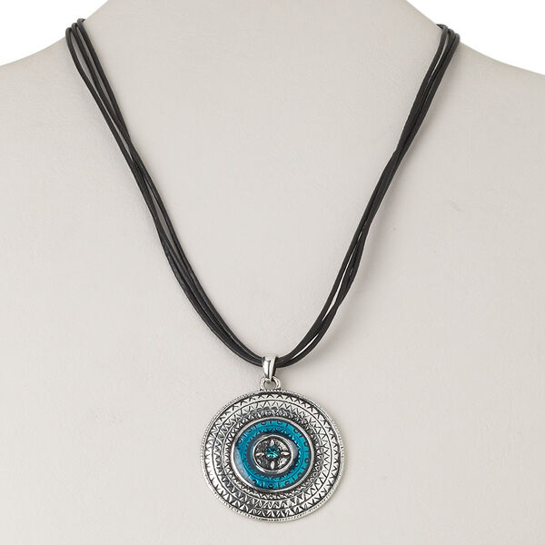 Necklace, antiqued silver-finished "pewter" (zinc-based alloy) and steel and/or brass / enamel / leather / Czech glass rhinestone, teal and black, 43mm flat round, 16 inches with lobster claw clasp and 3-1/2 inch extender chain. Sold individually. image number 0