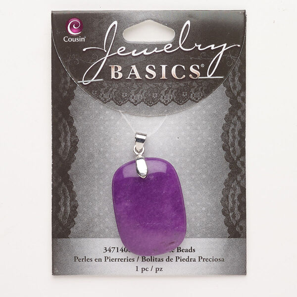 Pendant, brass and agate (dyed), pkg/1, silver finish and purple, 36x25mm puffed rectangle. image number 0