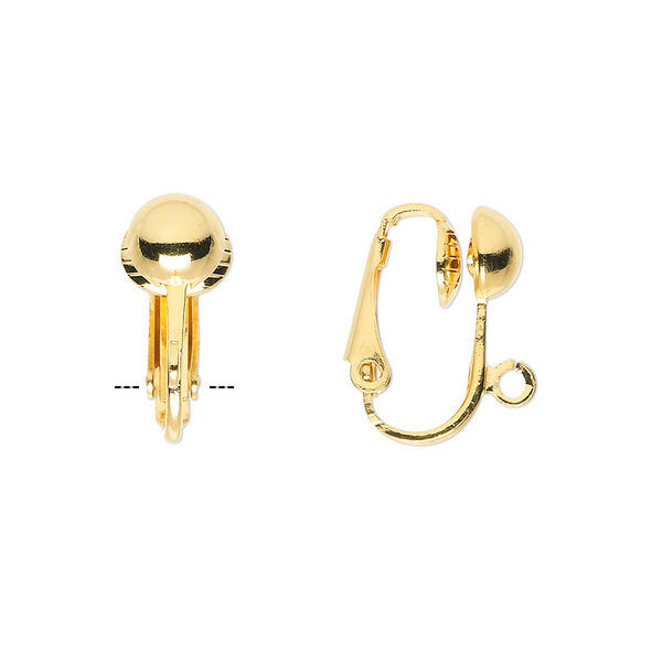 Earring, clip-on, gold-plated steel, 16mm hinged with 6.5mm half ball and open loop. Sold per pkg of 5 pairs. image number 0