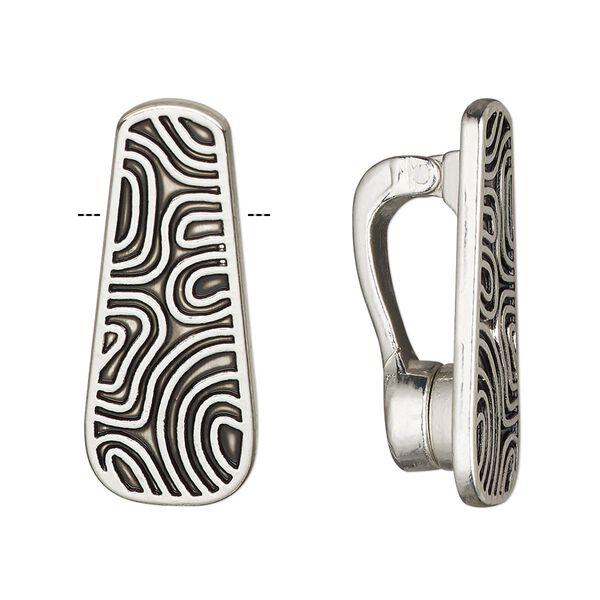 Bail, magnetic, antiqued silver-finished "pewter" (zinc-based alloy), 30x13mm rounded trapezoid with swirl design. Sold per pkg of 2. image number 0