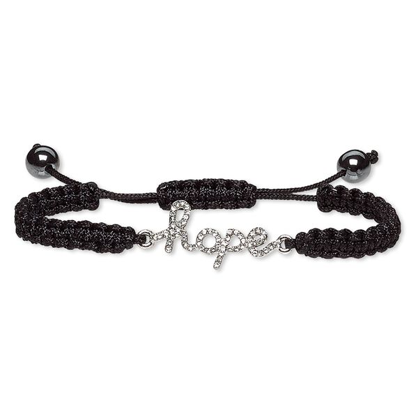 Bracelet, Hemalyke™ (man-made) / waxed cotton cord / glass rhinestone / silver-plated "pewter" (zinc-based alloy), black and clear, 28x15.5mm "hope," adjustable from 7-9 inches with macramé knot closure. Sold individually. image number 0