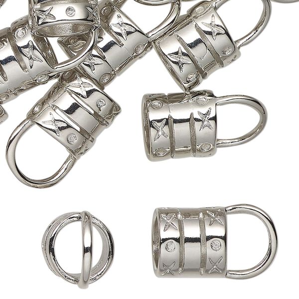 Crimp end, silver-finished brass, 18x11mm textured round tube, 8mm inside diameter. Sold per pkg of 50. image number 0