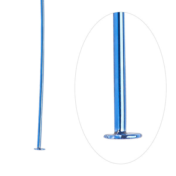Head pin, electro-coated brass, blue, 3 inches, 21 gauge. Sold per pkg of 10. image number 0