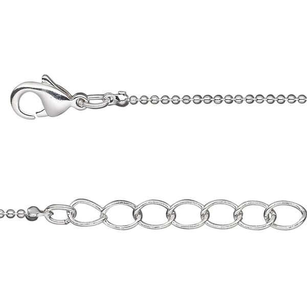 Chain, silver-plated brass, 1mm ball, 36 inches with 1-inch extender chain and lobster claw clasp. Sold per pkg of 2. image number 0