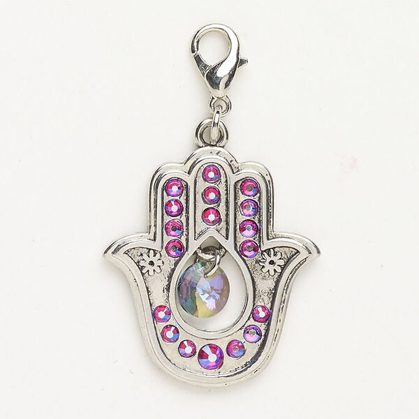 Charm steel glass 1pk 28x23mm Hamsa hand lobster claw clasp, silver finish clear AB vitrail image number 0