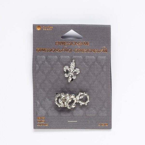 Slide mix, glass and silver-finished "pewter" (zinc-based alloy), clear, (2) 12x4mm rondelle / (2) 12x6mm crown / (1) 21x15mm fleur-de-lis with 6 and 6.5mm holes. Sold per pkg of 5. image number 0