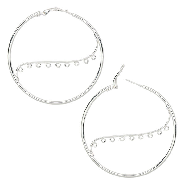 Earring, silver-plated steel, 58mm round hoop with 9 closed loops and hinged closure. Sold per pair. image number 0