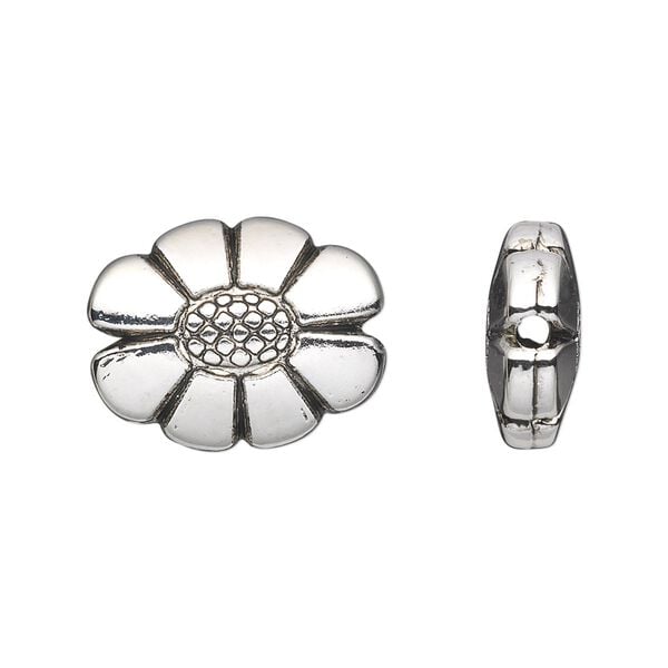 Bead, antiqued silver-finished copper-coated plastic, 20x15mm double-sided oval flower. Sold per 50-gram pkg, approximately 40 beads. image number 0