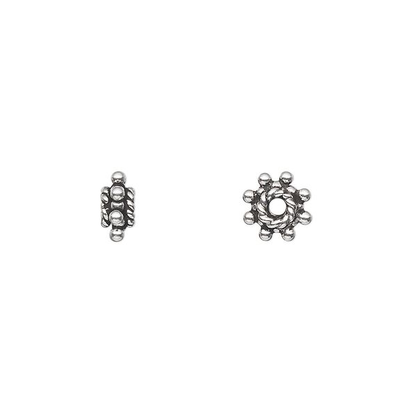 Bead, antiqued sterling silver, 7x3mm beaded rondelle. Sold per 1/4 troy ounce pkg, approximately 15-20 beads. image number 0