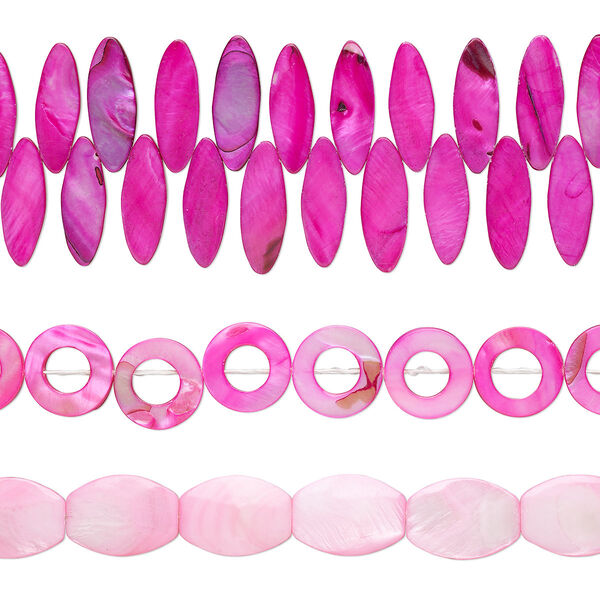 Bead mix, mother-of-pearl shell (dyed), pink and fuchsia, 15mm-30x20mm top- and center-drilled mixed shapes with 0.6-0.8mm hole, Mohs hardness 3-1/2. Sold per pkg of (3) 15-inch strands. image number 0