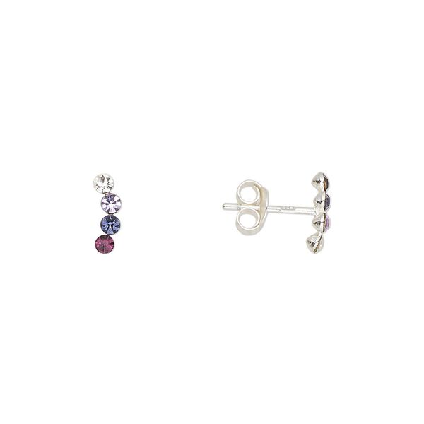 Earstud sterling silver / Preciosa crystal 1pkg2, 8.5x2.5mm right- and left-facing curved bar / earnuts included, Create Compliments® multicolored 1 pair image number 0