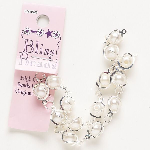 Chain, acrylic "pearl" and silver-finished steel, white, 10mm wire-wrapped round. Sold per pkg of 10 inches. image number 0