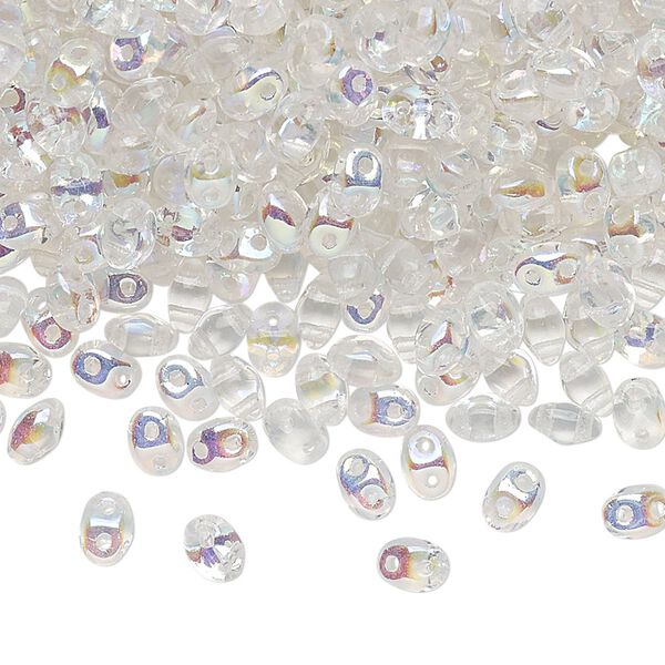 Bead, Preciosa Twin™, Pressed Twin, Czech pressed glass, translucent clear AB, 5x2.5mm oval with 2 holes. Sold per 10-gram pkg. image number 0