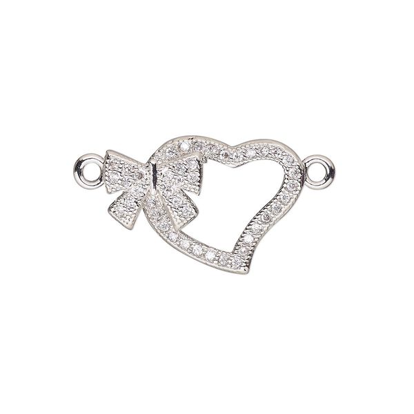 Link, cubic zirconia and silver-finished brass, clear, 18x13mm single-sided open heart with bow. Sold individually. image number 0