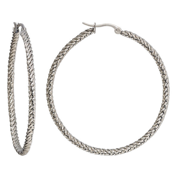 Earring, stainless steel, 2-inch twisted round hoop with latch-back closure. Sold per pair. image number 0