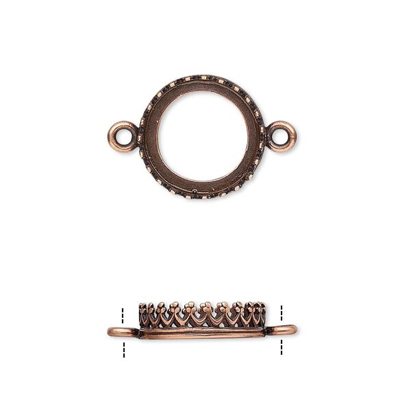 Link, JBB Findings, antique copper-plated brass, 13.5mm round with open back and decorative trim, 12mm round bezel setting. Sold per pkg of 2. image number 0