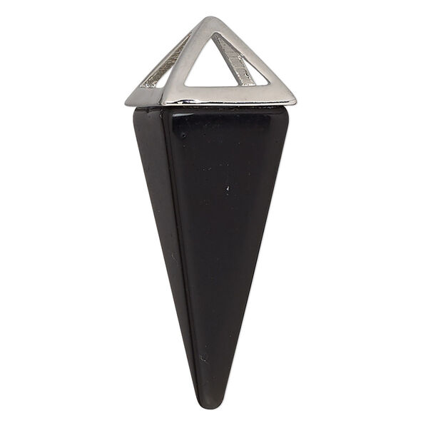 Focal, black obsidian (natural) and imitation rhodium-finished "pewter" (zinc-based alloy), 36x15mm-42x15mm 4-sided point, Mohs hardness 5 to 5-1/2. Sold individually. image number 0