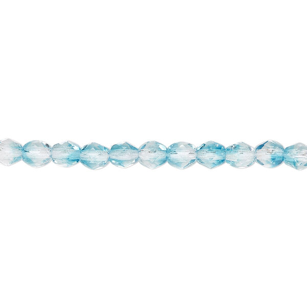 Bead, Czech fire-polished glass, two-tone, crystal/aqua, 4mm faceted round. Sold per 15-1/2" to 16" strand. image number 0