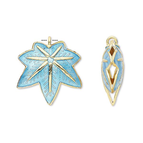 Charm, cloisonné, enamel and gold-finished copper, blue, 20x20mm double-sided maple leaf. Sold per pkg of 4. image number 0