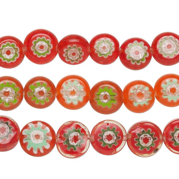 Bead mix, millefiori glass, translucent red-orange and multicolor, 8-9mm puffed flat round with flower design. Sold per pkg of (3) 14-inch strands, approximately 150 beads. image number 0