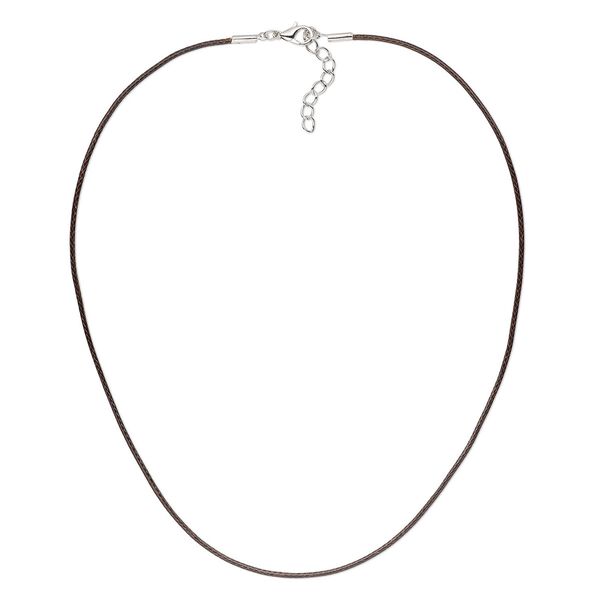 Necklace cord, waxed cotton cord with imitation rhodium-finished steel and "pewter" (zinc-based alloy), brown, 1.5mm round, 16 inches with 1-1/2 inch extender chain and lobster claw clasp. Sold per pkg of 4. image number 0