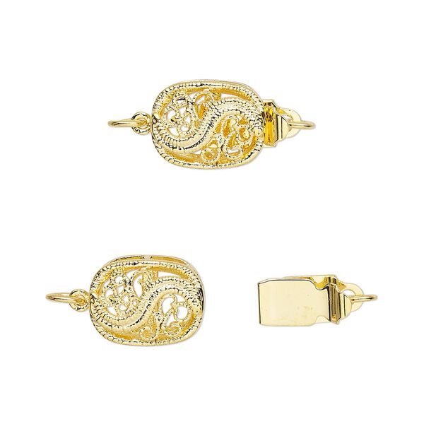 Clasp, tab, gold-plated brass, 12x9mm swirled filigree oval. Sold per pkg of 4. image number 0
