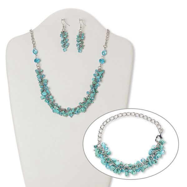 Necklace, bracelet and earring set, magnesite (dyed / stabilized) / glass / silver-plated steel / brass, blue and light blue, 20 inches with 3-inch extender chain and lobster claw clasp, 7-1/2 inch bracelet, 2-1/2 inch earrings with fishhook ear wire. Sold per set. image number 0