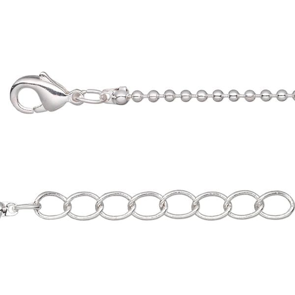 Chain, silver-plated brass, 1.5mm ball, 16 inches with 1-inch extender chain and lobster claw clasp. Sold per pkg of 4. image number 0