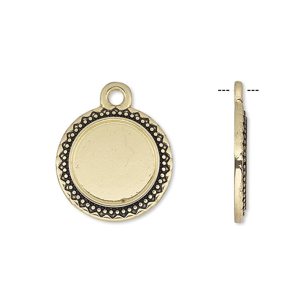 Drop, antique gold-finished "pewter" (zinc-based alloy), 17mm round with beaded and triangle edge with 12mm round setting. Sold per pkg of 6. image number 0