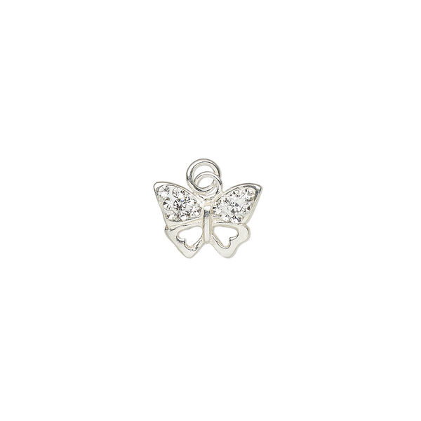 Charm, crystal / sterling silver / epoxy, clear and white, 10x7mm single-sided butterfly with 3mm closed jump ring. Sold individually. image number 0