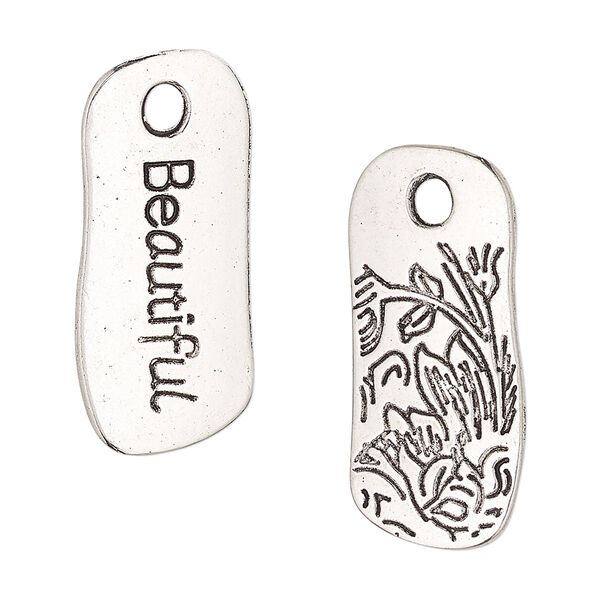 Drop, antique silver-finished "pewter" (zinc-based alloy), 30x13mm two-sided uneven flat rectangle with "Beautiful" and flower design. Sold per pkg of 2. image number 0