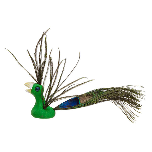 Gift, figure, polymer clay / glass / feathers, green, 6x4 inch peacock. Sold individually. image number 0