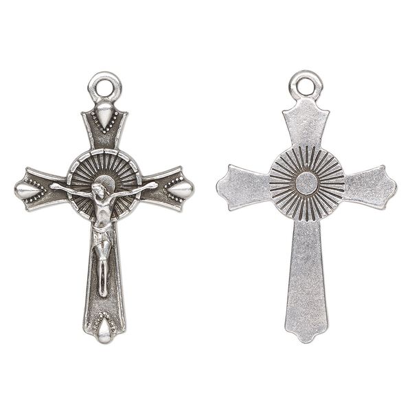 Focal, TierraCast®, antique silver-plated pewter, 39x29mm 2-sided crucifix. Sold per pkg of 10. image number 0