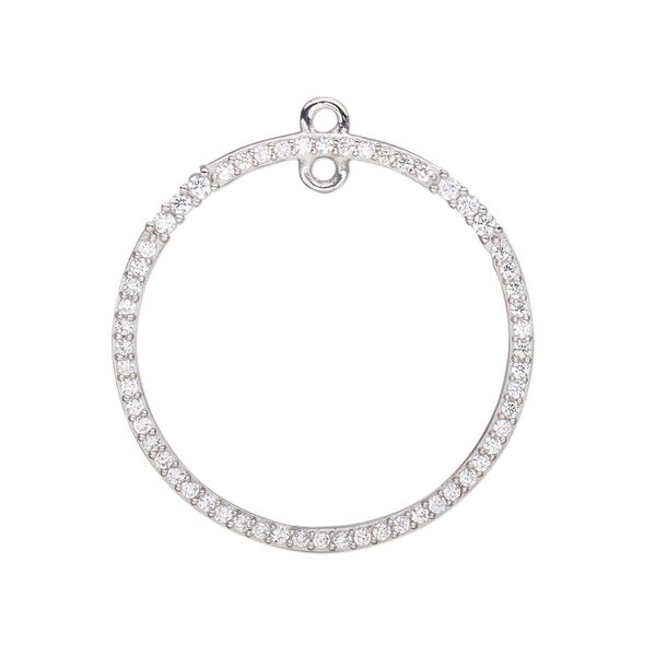 Drop, cubic zirconia and rhodium-plated sterling silver, clear, 28mm single-sided open round with loop. Sold individually. image number 0