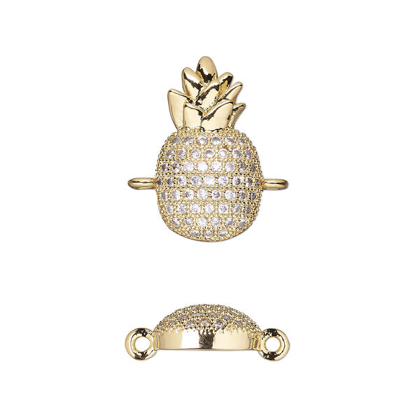 Link, cubic zirconia and gold-finished brass, clear, 16.5x9mm single-sided pineapple. Sold individually. image number 0