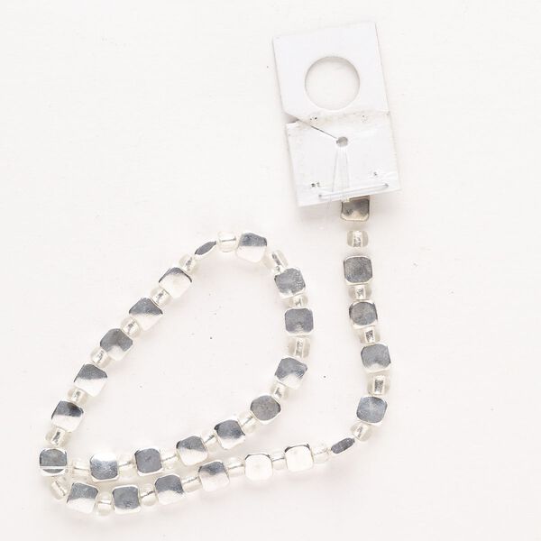 Bead, "pewter" (zinc-based alloy) and glass, pkg/8 inches, silver finish and clear, 5mm flat square. image number 0