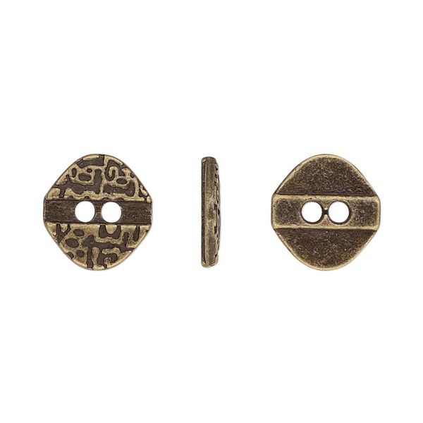 Button, antiqued brass-finished "pewter" (zinc-based alloy), 12x11.5mm single-sided textured flat diamond. Sold per pkg of 50. image number 0